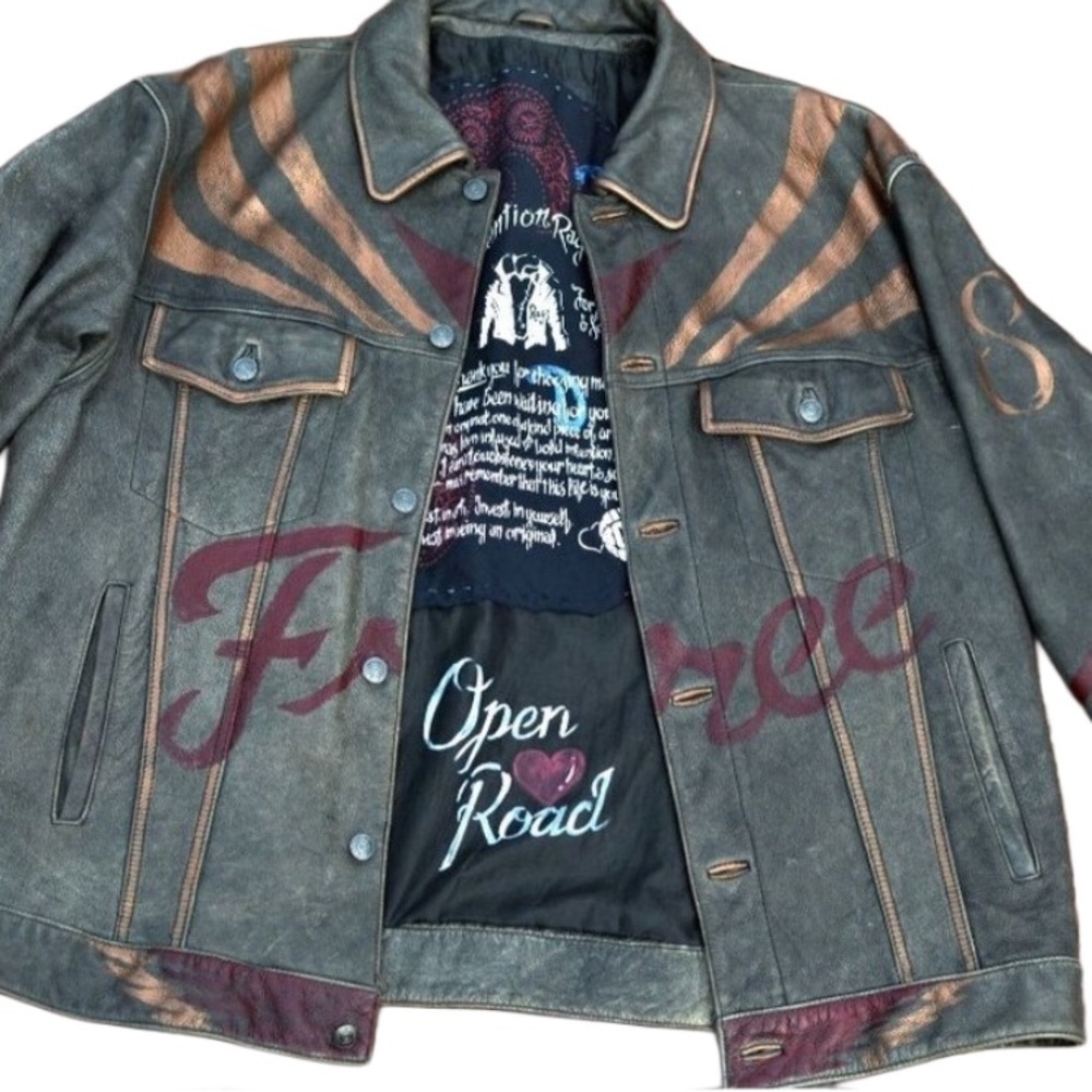 Vintage smoke gray distressed leather bomber jacket rivet closures hand painted